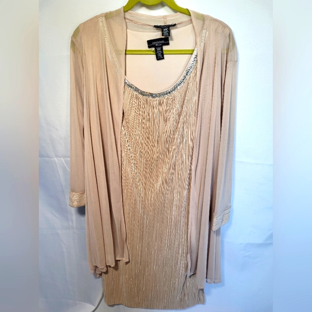 R&M RICHARDS Nude Metallic Gold   Rhinestone Embellished Dress Sheer Kimono Set